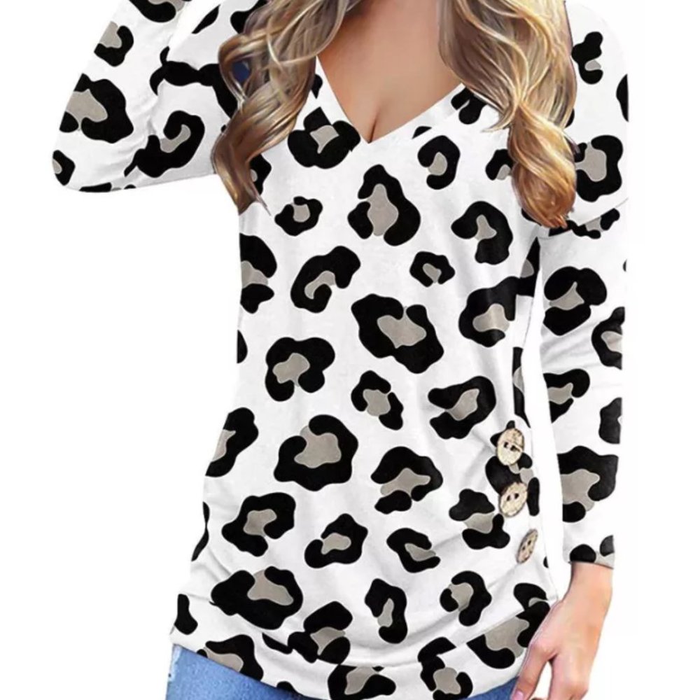 NEW! Leopard Print V-Neck Side Button Shirt